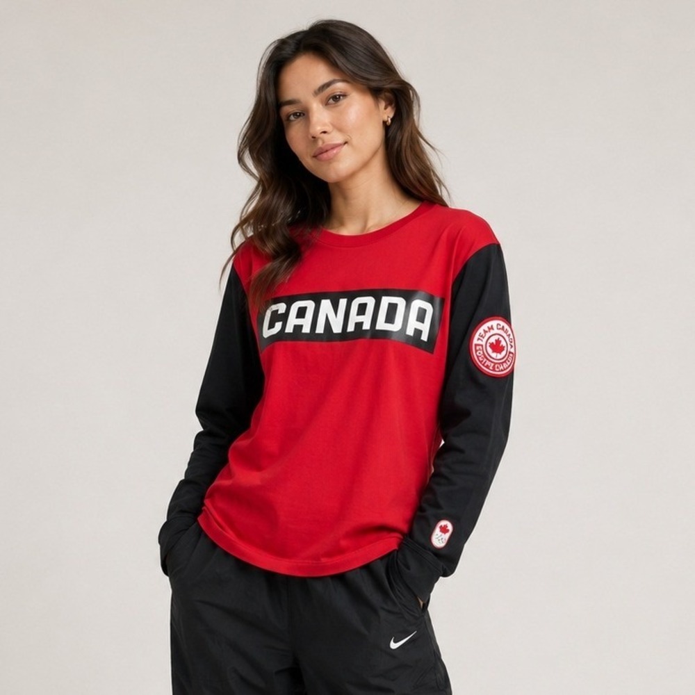 Team Canada Hudson's Bay Olympic Long Sleeve Women L Red Black Canada Shirt